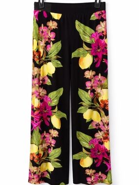 INC International Concepts Wide Leg Pants Black Floral Lemon Print Pull On
